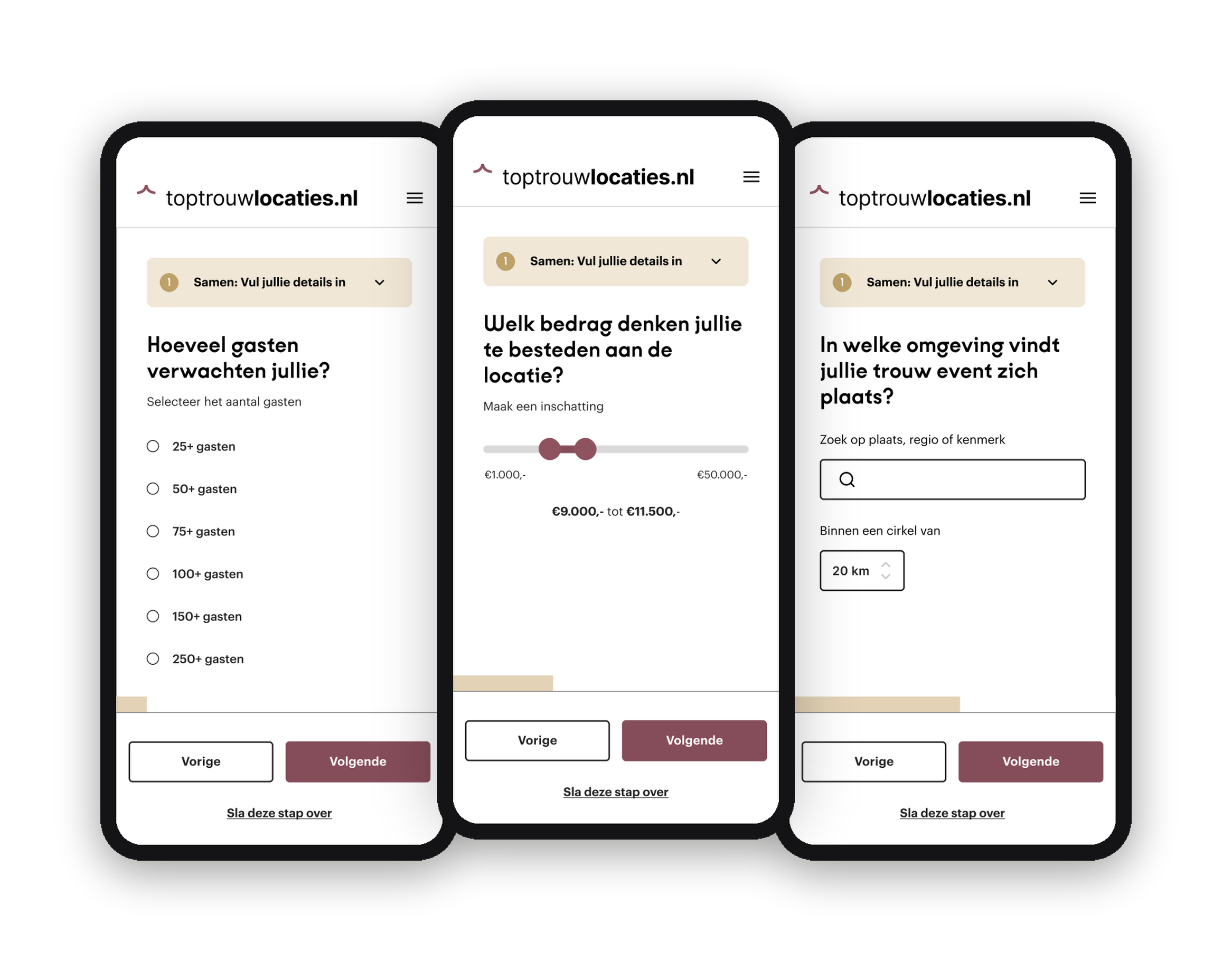 Drie schermen uit het Trouwmatches-prototype: gasten, budget en omgeving kiezen.